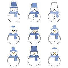 Collection of nine cute cartoon snowmen with blue accessories