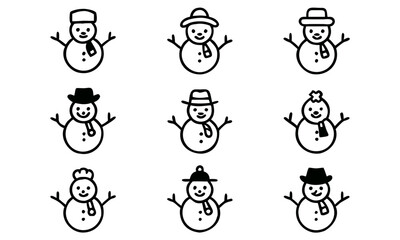 Collection of nine cute hand drawn snowman icons with different hats