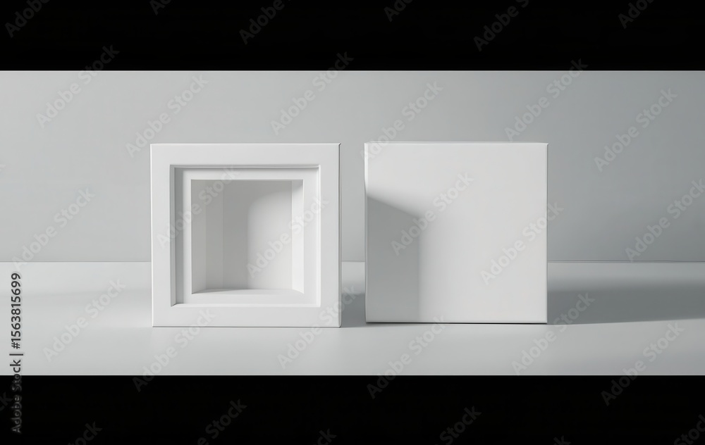 Fototapete geometric composition with white square frame and block on gray backdrop