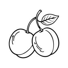 Simple line art drawing of two cherries with a leaf