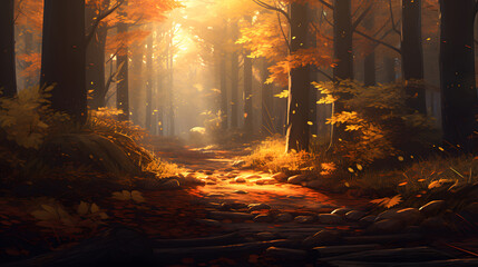 Obraz premium peaceful autumn forest scene with falling leaves and soft warm light.