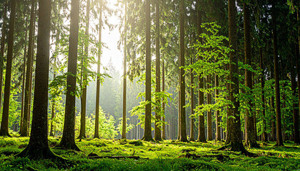 Mystical Forest Landscape with Glowing Sunbeams