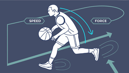 Dynamic Basketball Player Dribbling with Speed and Force Lines. Abstract Sports Science Illustration of Athletic Movement and Performance Mechanics.