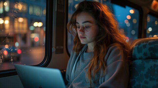 A young woman with long brown hair and glasses, intently using a laptop on a bus during twilight.