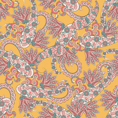 Naklejka premium Vector Batik ornament. Ethnic Paisley Floral seamless pattern.