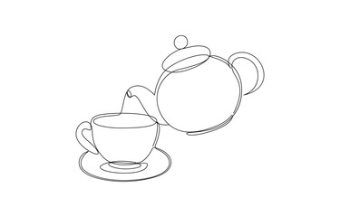 Coffee time kettle pouring in cup continuous line art drawing