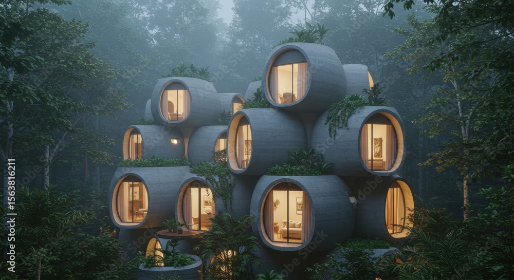 Poster innovative architectural design featuring 3d concrete printed structures in a forest setting