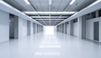 Modern white corridor with bright exit.