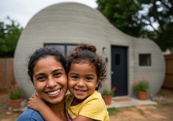 Family embracing outside modern 3d printed concrete house with unique design