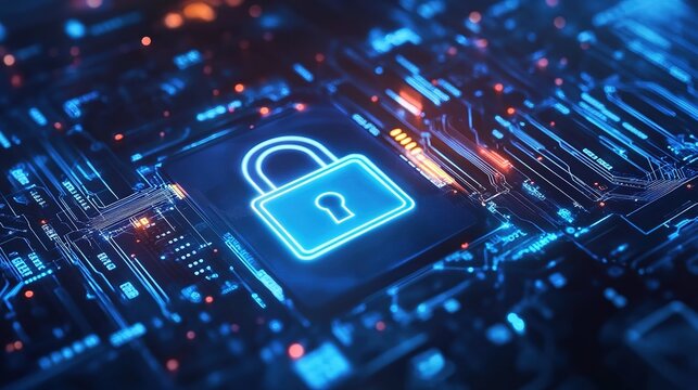 A glowing digital padlock icon on a circuit board symbolizes cybersecurity and data protection in a high-tech environment.