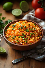 A vibrant bowl of golden yellow rice with green