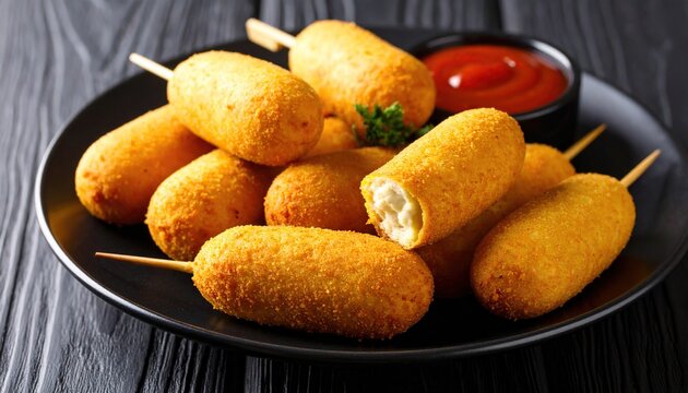 Pile of fried corn dogs on a black plate with ketchup, ready for eating.