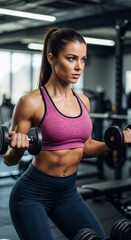 Fototapeta premium Focused young sexy woman with perfect abs lifting weights in gym during workout