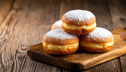 Stack of Powdered Doughnuts:  A tempting display of sweet treats on wooden board.