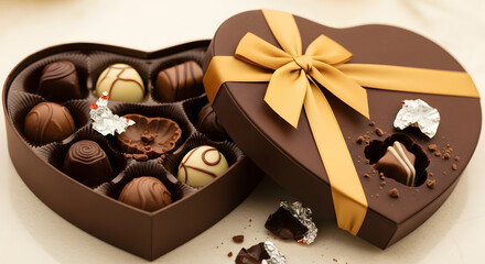 Heart-shaped box of assorted chocolates, elegantly presented with a ribbon.