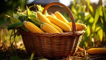Abundant harvest of fresh corn in a woven basket in a field of green grass