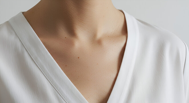Studio shot highlighting the collarbones and upper chest of a person wearing a white v-neck blouse