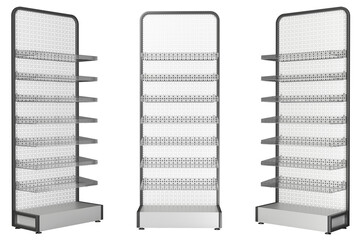Retail display metal pegboard racks with clear shelves. 3d illustration transparent background