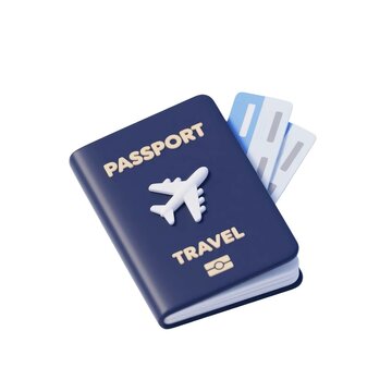 Passport and Boarding Pass: A 3D rendering of a navy blue passport with a small airplane icon and two boarding passes. Ready for your next adventure.