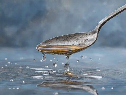 Dripping from a Spoon: A close-up image of a silver spoon with liquid dripping from it, captured against a soft-focus background.