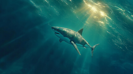 Fototapeta premium Great White Majesty: A great white shark swims gracefully beneath sun-dappled ocean surface, embodying the raw power and serene beauty of the marine world.