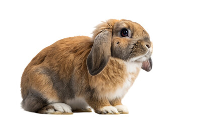 Cute brown lop eared rabbit sitting and looking to the side on transparent