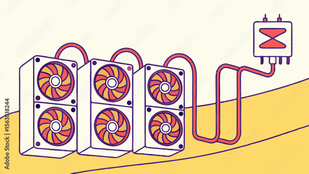Poster digital computing rigs with cooling fans connected to a data hub - flat design illustration of serve