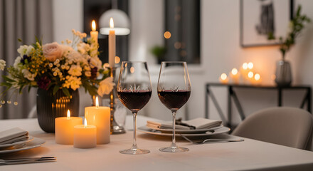 Elegant dining table setting with candles, flowers, and wine glasses, creating a romantic ambiance.