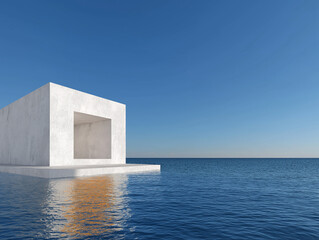 Architectural Haven on Tranquil Waters: A minimalist concrete structure, floating on serene water under a boundless blue sky, encapsulates the essence of modern architectural design.