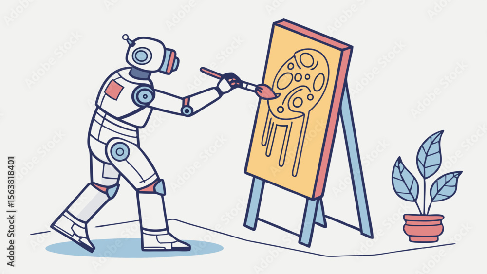 Poster ai robot artist painting abstract art on easel - artificial intelligence and creative expression con