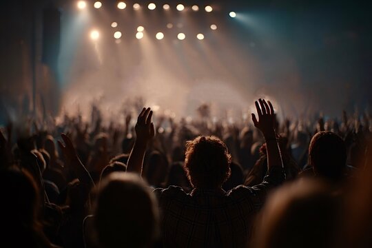 Crowd raising hands at concert with stage lights and smoke - Powered by Adobe