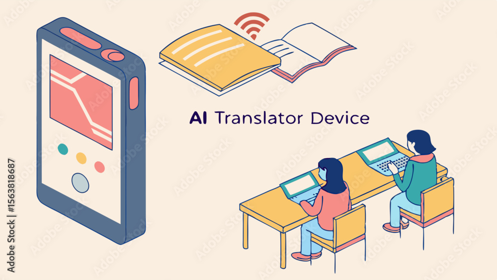 Poster ai translator device concept with digital learning. isometric illustration showing smart language tr
