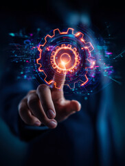 A hand reaches out to interact with a glowing, holographic gear symbolizing modern technology, innovation, and the fusion of human capability with advanced digital systems in a futuristic landscape.