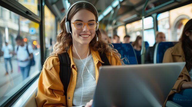 Smiling young woman with long brown hair and glasses using a laptop on a bus, wearing headphones, creating a cheerful and focused atmosphere.