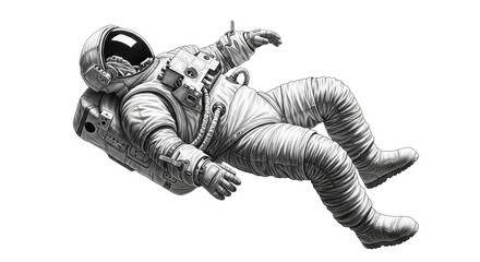 A drawing of a astronaut in space suit
A black and white drawing of a astronaut wearing a space suit
