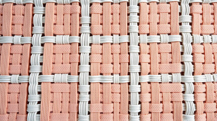 A pink and white woven fabric texture with a gridlike pattern and rough surface