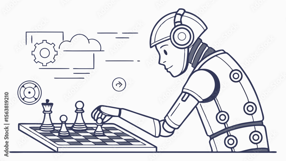 Poster ai robot playing chess: advanced machine learning and strategic thinking in a futuristic game scenar