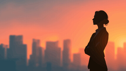 Fototapeta premium Silhouette of a confident businesswoman stands before a cityscape at sunset, ideal for corporate success, leadership, and aspiration themes.