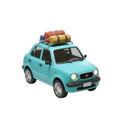 Road Trip Ready: A turquoise car packed and prepared for adventure, boasting luggage strapped securely on its roof rack, embodies the spirit of wanderlust and the excitement of travel.