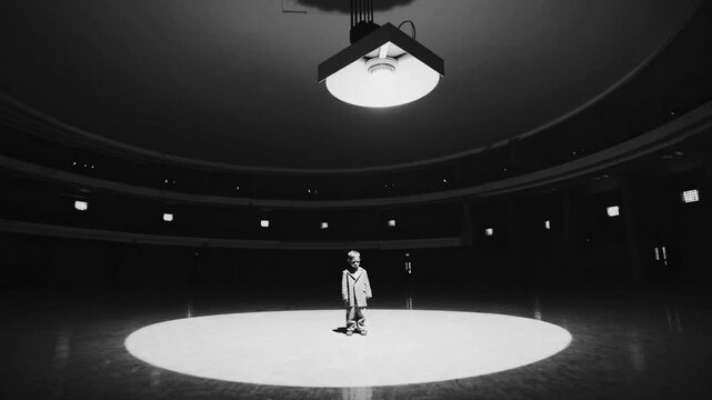 Enfant seul sous un projecteur dans une salle vide