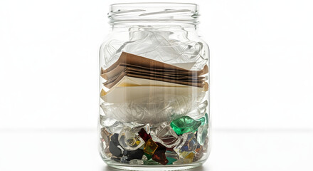 A glass jar filled with various small, recycled items, including paper, plastic, and glass fragments.