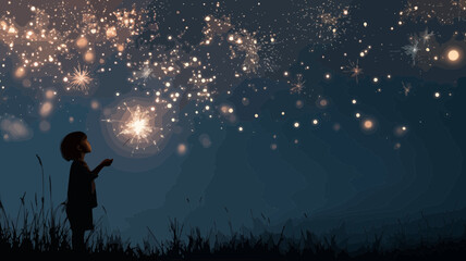 Fototapeta premium A dreamy nightscape features a child silhouette with sparkling fireworks, ideal for event design and celebrations, creating magical festive themes.
