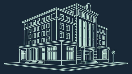 Detailed Architectural Blueprint Line Art of a Classic Multi-Story Building in Isometric View on Dark Background