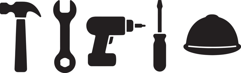 Construction tools including a hammer, wrench, drill, and helmet isolated on white background