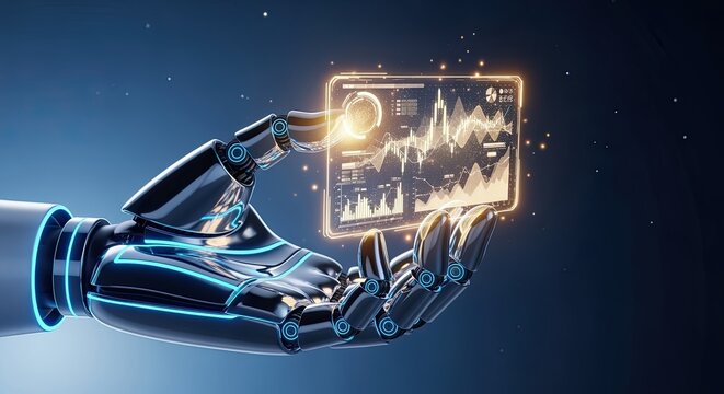 AI Powered Robo Advisor Robot Hand Holding a Financial Data Hologram