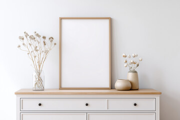 Blank vertical frame on wooden console with dried flowers in glass and ceramic vases, minimalist decoration, neutral tones, soft natural light and calm atmosphere.