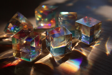 Transparent glass cubes reflecting colorful light create vibrant patterns on a wooden surface, showcasing abstract geometry and rainbow prism effects in natural sunlight.