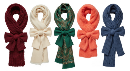 Chic Collection of Vibrant and Colorful Scarves with Elegant Bows: Essential Fashion Accessories for Winter, isolated on a transparent background
