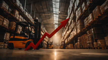 Warehouse Growth: An illustration of a bustling warehouse with towering stacks of goods and a forklift, the warehouse floor is adorned with a striking, upward-trending arrow.