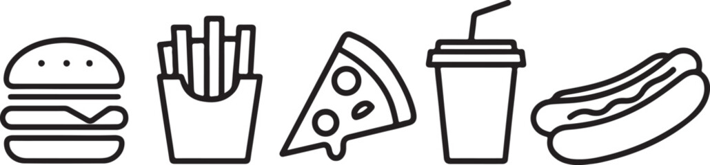 A burger, fries, pizza, drink, and hotdog are isolated on white background